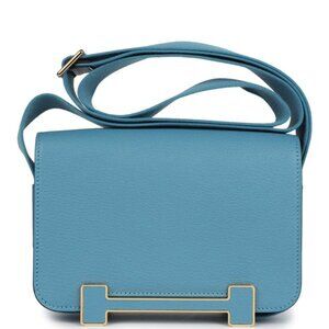 Hermès Geta Chevre Mysore Leather Gold Finish Hardware Bag Blue Jean